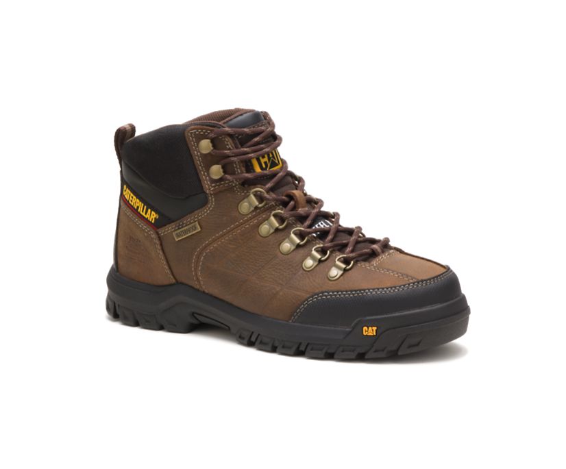 Men's Cat Threshold Steel Toe Work Waterproof Shoes Brown | 351OWTMUE