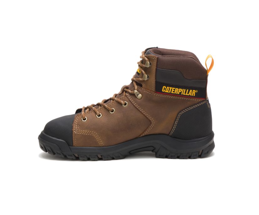 Men's Cat Wellspring Metatarsal Guard Steel Toe Work Waterproof Shoes Brown | 738LFQBTG